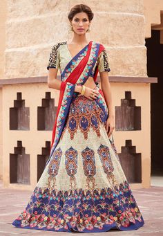 Digital Printed Art Silk Circular Lehenga in Beige and Blue Lehenga Choli Latest, Pakistani Lehenga, Indian Lehenga Choli, Choli Blouse, Attractive Dresses, Lehenga Online, Choli Designs