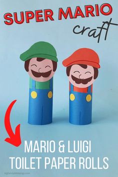 two toilet paper rolls with mario and luigi's hats on them, one is made out of construction paper