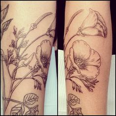 two tattoos with flowers and leaves on them