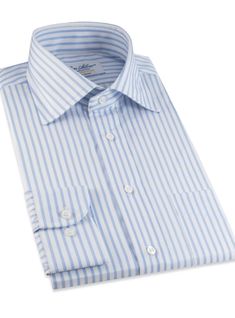 Light Blue & White Stripe Twill Spread Collar Blue Formal Shirt With Fold Down Collar, Blue Dress Shirt With Spread Collar For Semi-formal Occasions, Blue Semi-formal Dress Shirt With Spread Collar, Semi-formal Blue Dress Shirt With Spread Collar, Classic Blue Formal Shirt, Blue Dress Shirt With Spread Collar For Formal Occasions, Classic Light Blue Collared Dress Shirt, Blue Formal Dress Shirt With Fold Down Collar, Blue Formal Dress Shirt With Spread Collar