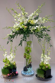 three vases with flowers and plants in them