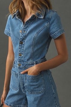 99% cotton, 1% elastane Front and back patch pockets Button front Hand wash Imported | Sailor Denim Romper by Rolla's in Blue, Women's, Size: XS, Cotton/Elastane at Anthropologie Casual Cotton Denim Jumpsuit With Buttons, Fitted Denim Blue Jumpsuit With Pockets, Short Sleeve Cotton Denim Jumpsuit With Pockets, Short-sleeve Denim Jumpsuit With Pockets, Fitted Washed Blue Cotton Jeans, Cotton Denim Jumpsuit With Pockets, Blue Cotton Button-up Denim Jumpsuit, Cotton Denim Jumpsuit With Short Sleeves, Casual Short Sleeve Denim Jumpsuit With Buttons