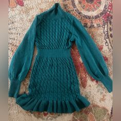 Never Worn- Perfect Condition Green Ruffled Mini Dress For Fall, Chic Green Sweater Dress For Fall, Fitted Green Sweater Dress For Fall, Emerald Green Sweater Dress, Emerald Green Sweater, Green Sweater Dress, Green Sweater, Emerald Green, Sweater Dress