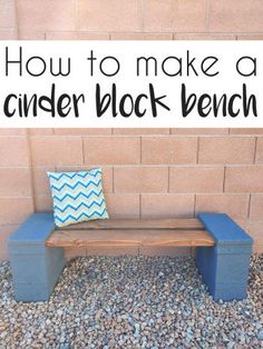 a wooden bench sitting next to a brick wall with the words how to make a cinder block bench