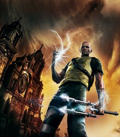 a man holding two swords in front of a clock tower with lightning coming out of it