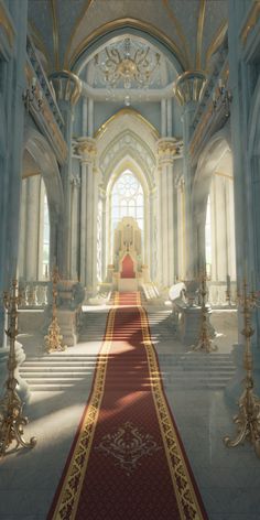 the interior of an ornately decorated church with red carpet and gold trimmings