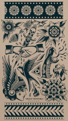 an old school tattoo design with skulls and flowers