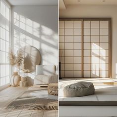 two pictures side by side, one in white and the other in beige with sun streaming through windows