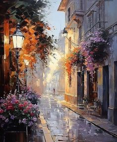 an oil painting of a city street with flowers on the sidewalk and lampposts