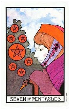 the seven of pentacles tarot card shows a woman with an orange hat