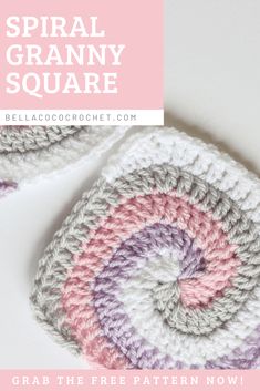 two crocheted squares with the words spiral granny square in pink, white and purple