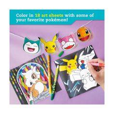 the pokemon coloring book is being used by children to draw and paint pictures on paper