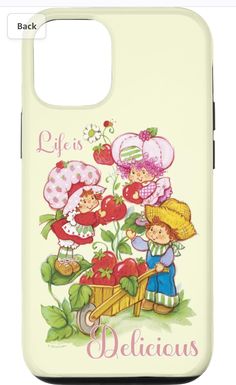 a phone case with children in the garden on it's back and words life is delicious