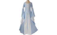 Medieval garb Johanna Mini light blue-ecru The Dornbluth dressmaker's shop sells this beautiful children's dress with wide sleeves and double lacing as a one-off item. There are 6 sizes to choose from. This cut based on the medieval model (from the second half of the 12th century) can be worn in many situations. Whether at castle festivals, medieval markets or as a guest at a wedding - you are always perfectly dressed. The floor-length dress is close to the waist. The width can be infinitely adj Blue Medieval Dress With Long Sleeves, Blue Fitted Medieval Dress With Long Sleeves, Blue Medieval Dress With Historical Design, Medieval Blue Dress With Historical Design, Medieval Costume Blue Dress, Medieval Women Dress, Dress With Wide Sleeves, Medieval Garb, Medieval Woman