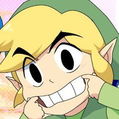 the legend of zelda is smiling and holding his hand to his face