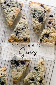 blueberry scones on a cooling rack with the words, sourdough scones