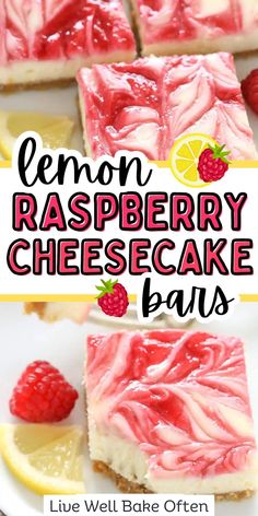 lemon raspberry cheesecake bars on a white plate