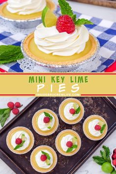 mini key lime pies with whipped cream and raspberries are on a tray