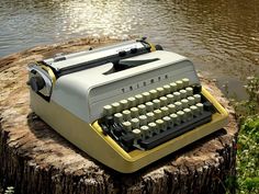 an old fashioned typewriter sitting on top of a tree stump next to a body of water