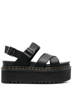 Voss II Athena leather sandals from DR. MARTENS featuring black, calf leather, contrast stitching, double buckle fastening, branded insole, platform sole and round toe. Dr Martens Voss Ii, Dr Martens Voss, Black Sandals Flat, Strappy Platform Sandals, Black Wedges, Slides Shoes, Shoes Shoes, Sandals Summer, Strap Heels