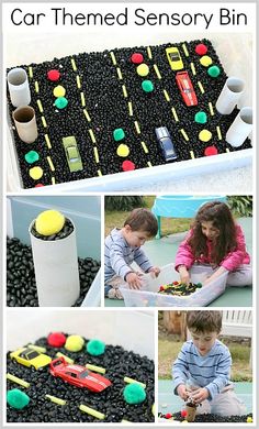 a collage of photos showing different activities for children to play with in the sand