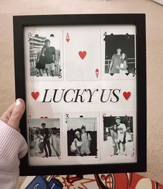 a person holding up a framed photo with four different pictures on it and the words lucky us