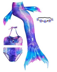 a purple and blue mermaid swimsuit with matching accessories