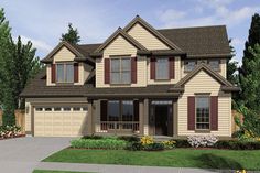 a two story house with red shutters on the front and brown trim around the windows