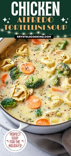 chicken alfredo tortellini soup with broccoli and carrots