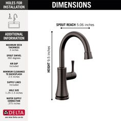 the delta faucet is shown with measurements