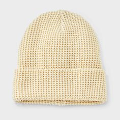 Add a stylish touch of cozy texture to your ensembles with this Recycled Polyester Waffle Knit Beanie from Goodfellow & Co™. Made from recycled polyester fabric with a double-layered knit construction, this waffle beanie provides a comfortable fit for all-day wear, and the pull-on style makes it easy to put on or take off. Goodfellow & Co™: Feel good in what you wear, anywhere. Cream Knit Beanie One Size, Cream Soft Knit Beanie, Beige Knitted Beanie, Cream Knit Hat For Fall, Beige Knit Beanie, Casual Beige Knit Beanie, Cozy Cream Beanie For Fall, Fur Trapper Hat, Straw Panama Hat