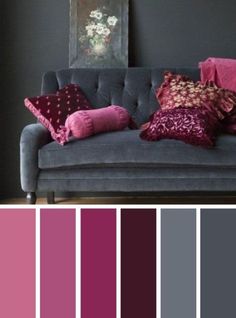 a living room with grey walls and purple pillows on the couch, along with other color swatches