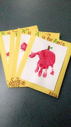 four handprints are on top of each other with the words abc's is for apple