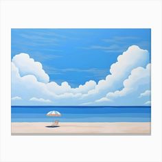 a painting of a beach with an umbrella in the foreground and clouds in the background