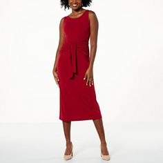 Colleen Lopez Wrap-Front Sleeveless Maxi Dress  Colleen Lopez pairs a breezy tank silhouette to a figure-loving wrap design to give you this casually elegant maxi, a look that's fab on its own and layered under jackets, toppers and such. Solid Sleeveless Dresses With Tie Waist, Red Sleeveless Dress With Tie Waist, Casually Elegant, Necklines For Dresses, Draped Fabric, Sleeveless Maxi Dress, Color Choices, Knit Jersey, Red Dress