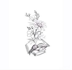 a drawing of a book with flowers in it