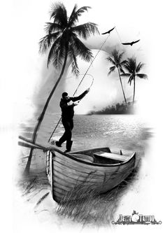 a man standing on top of a boat next to palm trees