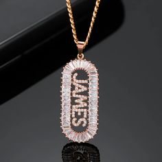 Rose Gold Custom Name Vertical Pendant Name Necklace For Crystal Jewelry Lovers Crystal Names, Hip Hop Bling, Necklace Design, Name Jewelry, Cuban Chain