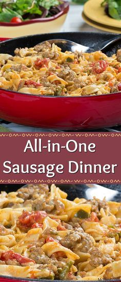 two pans filled with sausage and pasta on top of a table next to salad