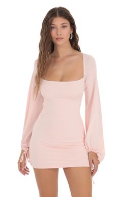 Balloon Sleeve Bodycon Dress in Pink | LUCY IN THE SKY Pink Long Sleeve Flowy Dress, Graduation Dress Pink, Pink Dress Long Sleeve, Purple Dress Outfits, Long Sleeve Flowy Dress, Gold Dress Short, Pink And Gold Dress, Dress Outfits Party, School Dance Dresses