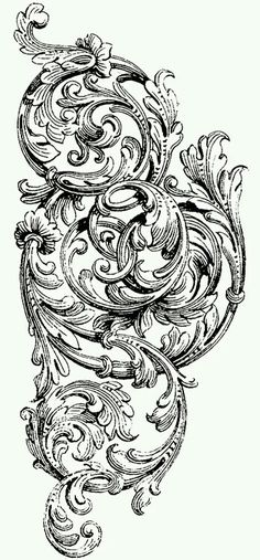 an ornate design with swirls and leaves in black ink on white paper, vintage line drawing or engraving