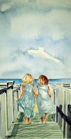 Sisters at the bch... for Alex Wow Art, Art And Illustration, Watercolor Inspiration, Pics Art, Beach Art, Love Art, Painting & Drawing, The Ocean, Beautiful Art