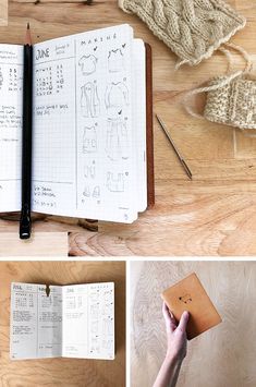 four photos showing the inside of an open notebook with crochet and knitting supplies