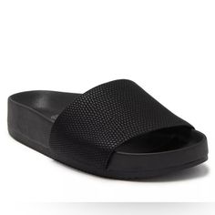 Susina Vila Flat Slip On Slide Casual Sandal Vegan Faux Leather Black Women's 7 Currently Sold Out In This Size! Black Slides With Textured Sole For Vacation, Black Synthetic Slides With Textured Sole, Black Textured Sole Synthetic Slides, Black Slide Sandals With Textured Sole, Black Adjustable Sandals With Textured Sole, Black Synthetic Slides With Textured Footbed, Trendy Adjustable Black Slides, Trendy Black Adjustable Slides, Trendy Black Synthetic Slides