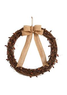 a wreath with a bow hanging from it's front loop and burlock