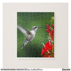 a jigsaw puzzle with a hummingbird in flight and red flowers on the side