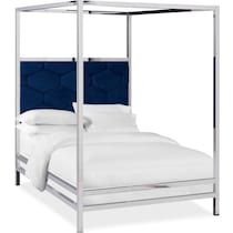 a white bed with a blue headboard and foot board on top of it's frame