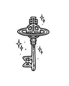 a black and white drawing of a key with stars around it on a white background