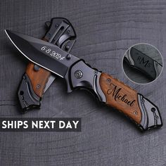 a knife that is on top of a table next to a bottle opener with the words, ship's next day