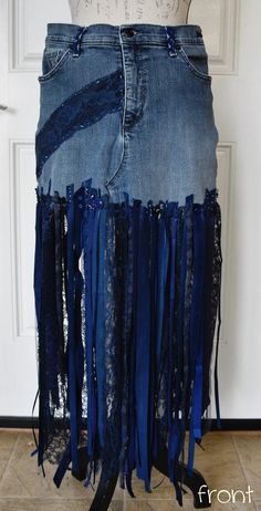 Gloria Vanderbilt, Blue Denim Upcycled, Lace, Ribbon, Unique One of A Kind, Festival, Event, Costume, Fringe Skirt - Etsy Blue Recycled Denim Skirt For Spring, Spring Blue Recycled Denim Skirt, Blue Recycled Denim Skirt For Summer, Summer Blue Recycled Denim Skirt, Upcycled Blue Denim Skirt For Spring, Blue Bohemian Recycled Denim Bottoms, Bohemian Blue Recycled Denim Bottoms, Fitted Upcycled Blue Bottoms, Upcycled Blue Bottoms For Festivals